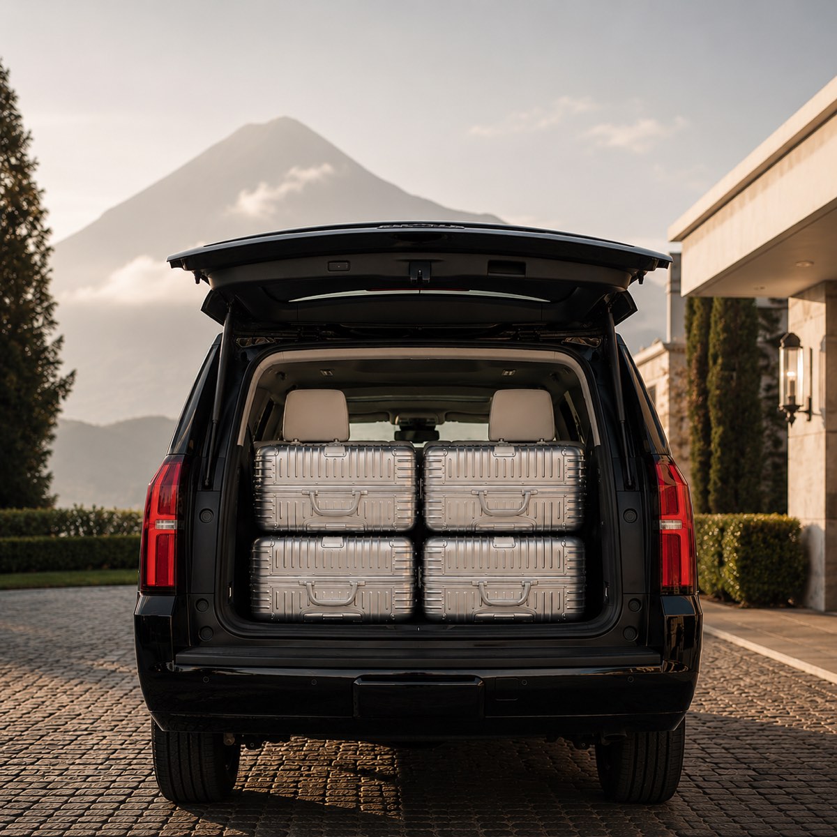 The open trunk of the Suburban showing neatly arranged executive luggage, with the Agua Volcano behind