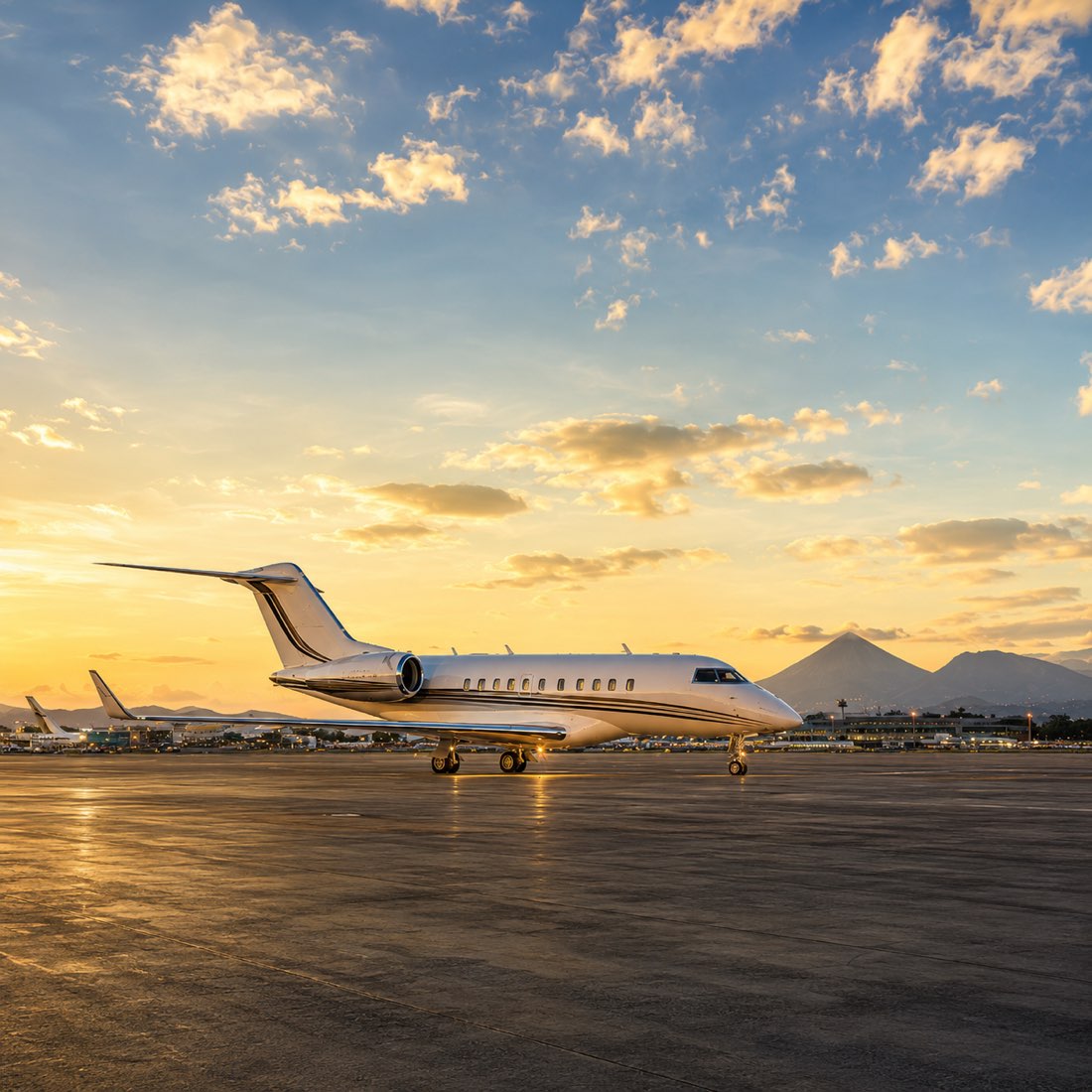 A private jet on the tarmac at sunset, with Guatemala's volcanoes behind
