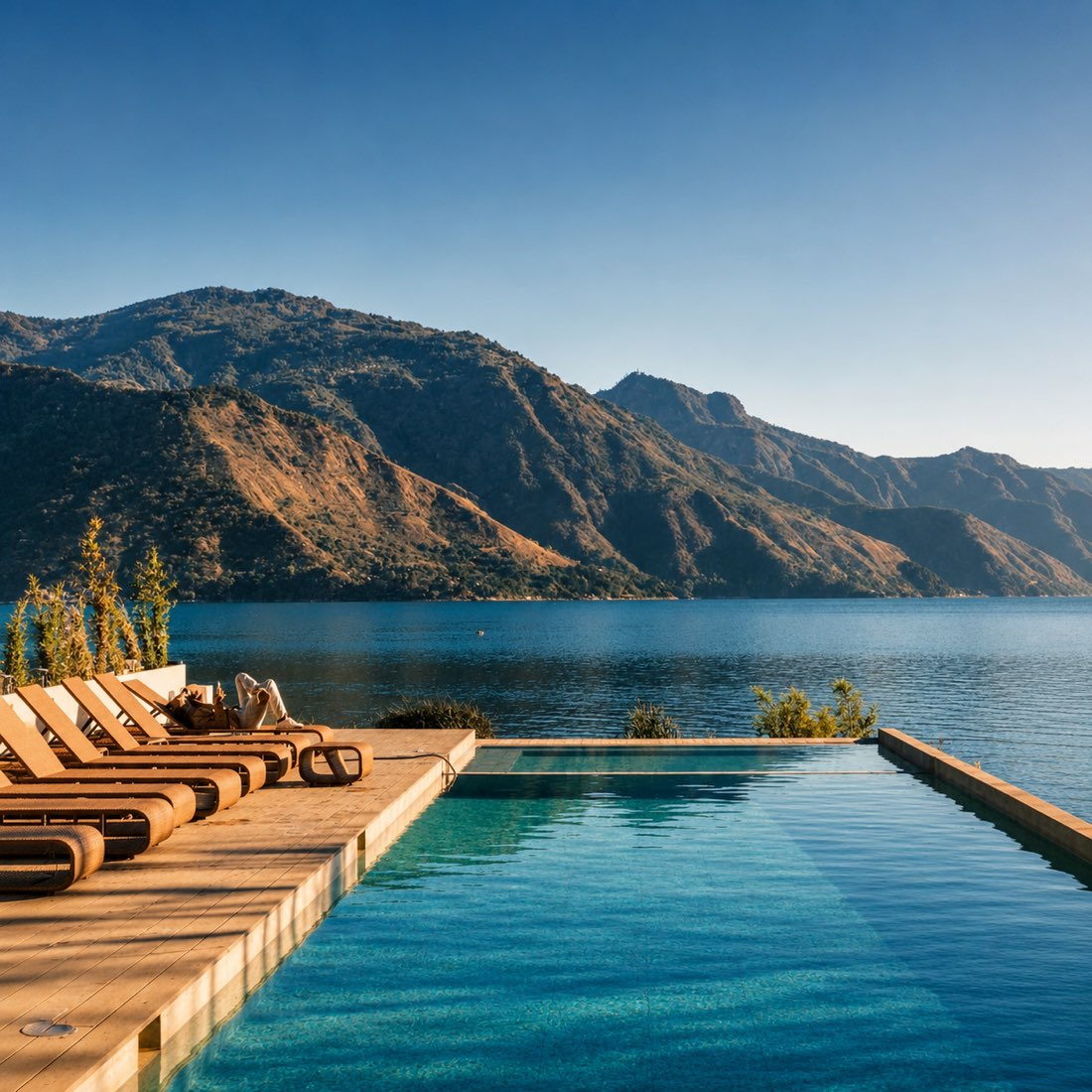 An infinity pool overlooking Lake Atitlán at sunset, with the volcanoes behind