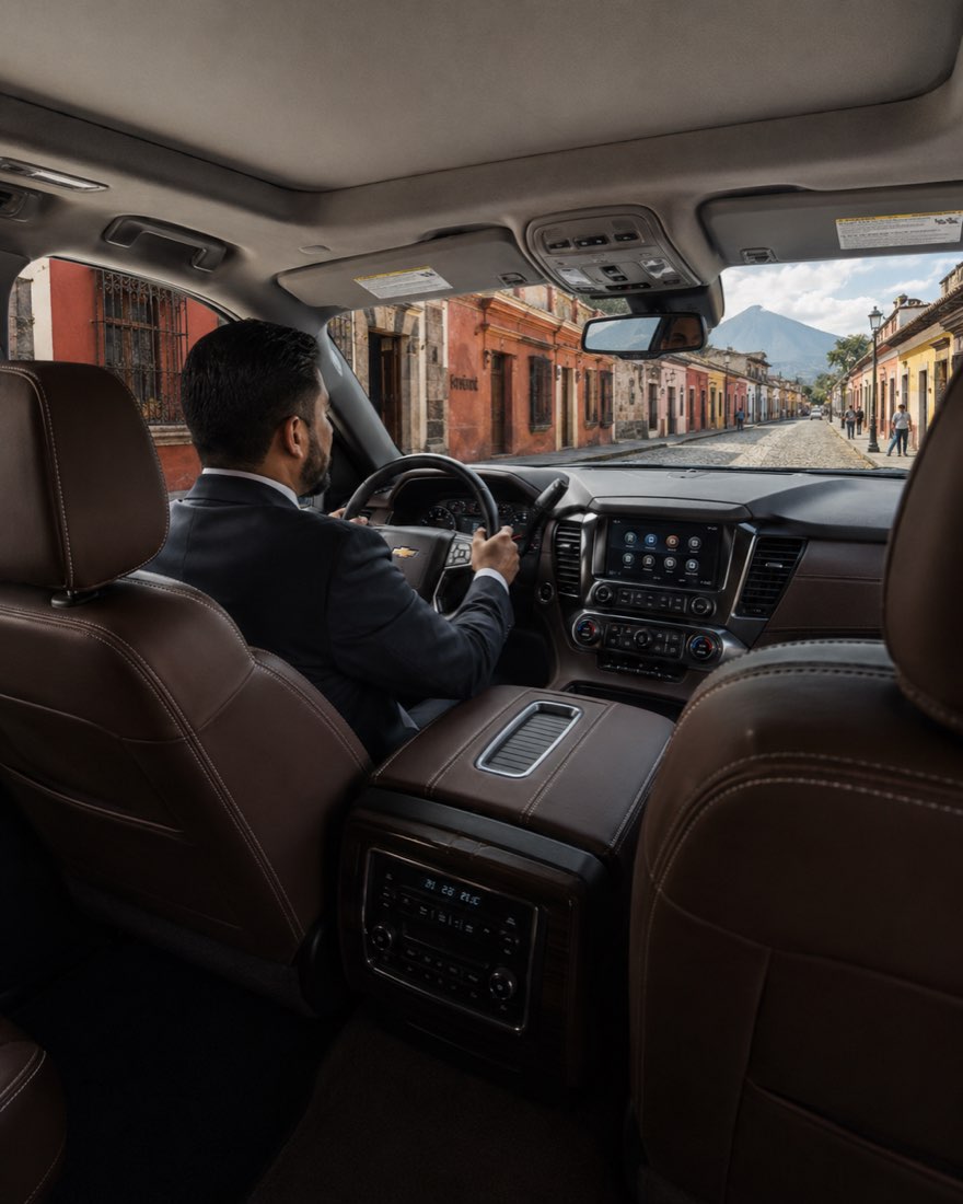 A formally dressed passenger riding in the back seat of the Suburban beneath the panoramic roof