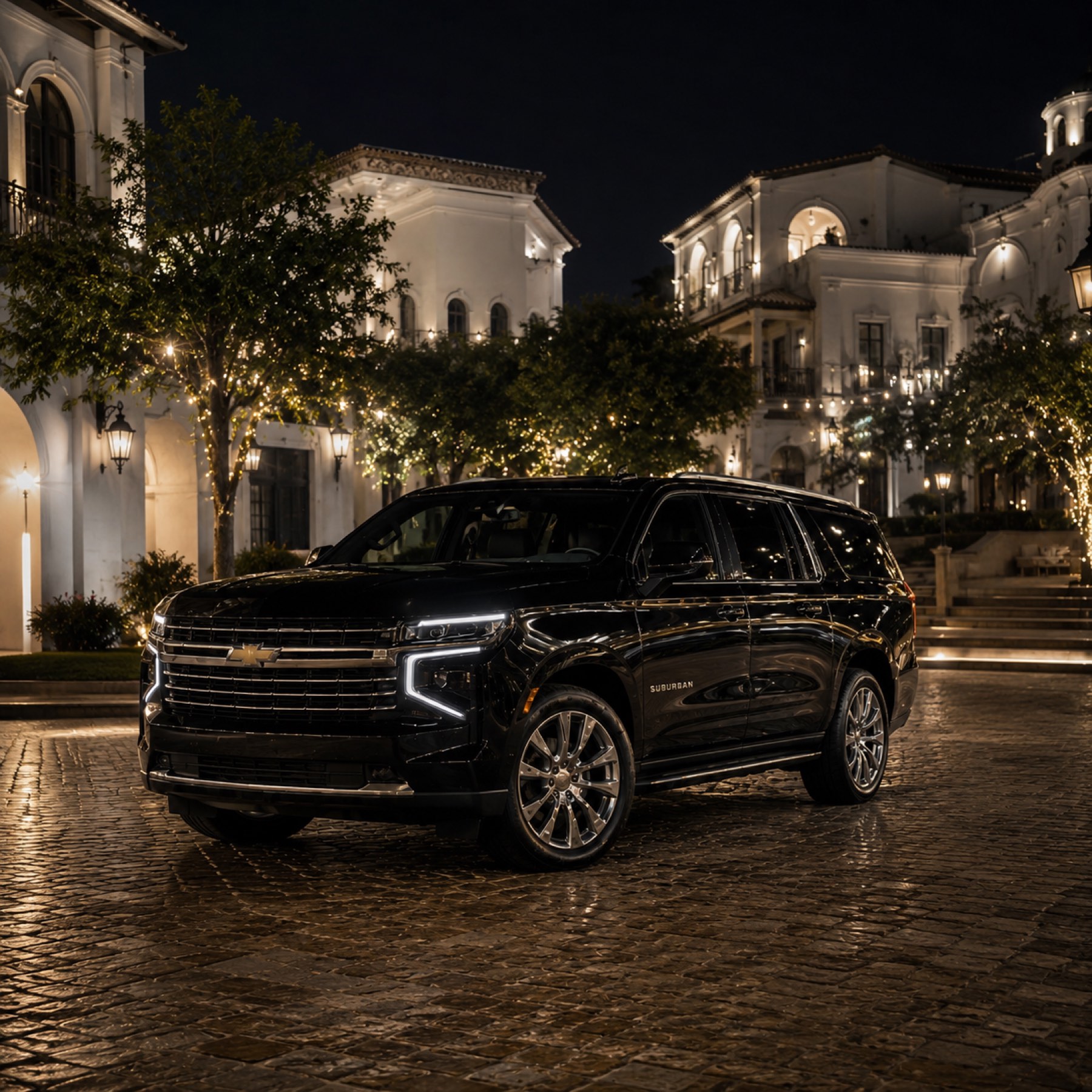 The black Elite Hosts Suburban LTZ at night