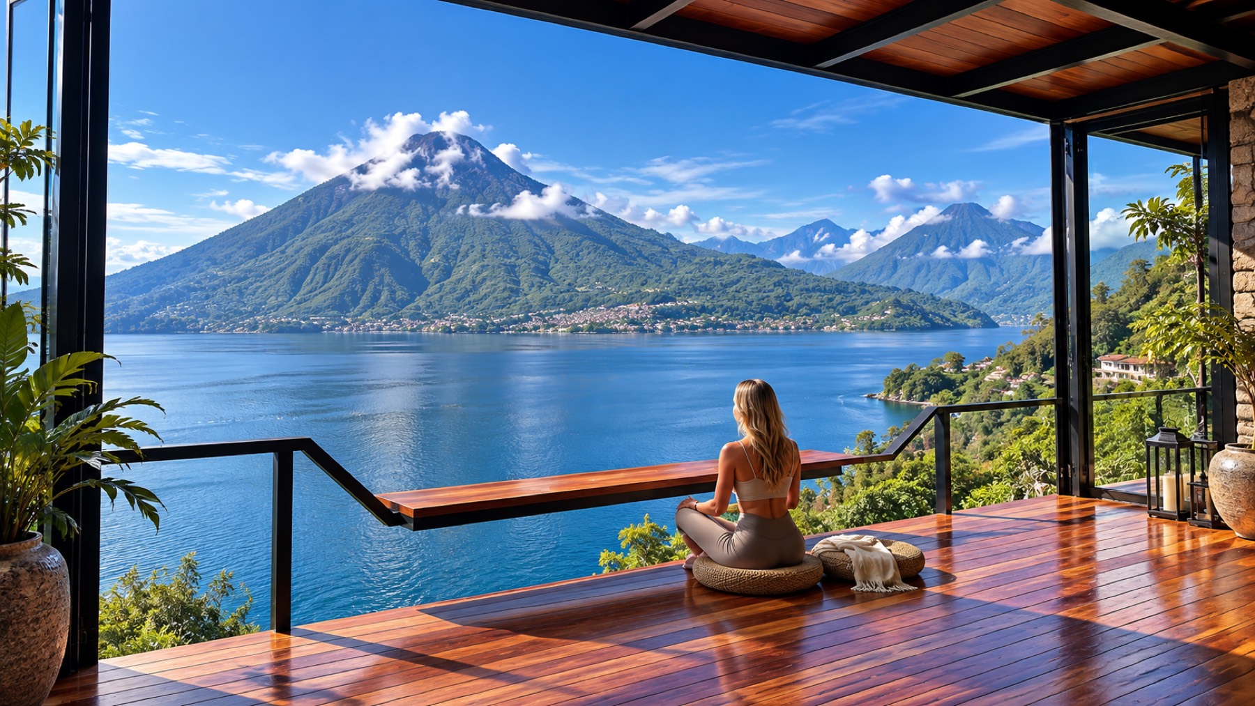 A terrace overlooking Lake Atitlan with the volcanoes in the distance