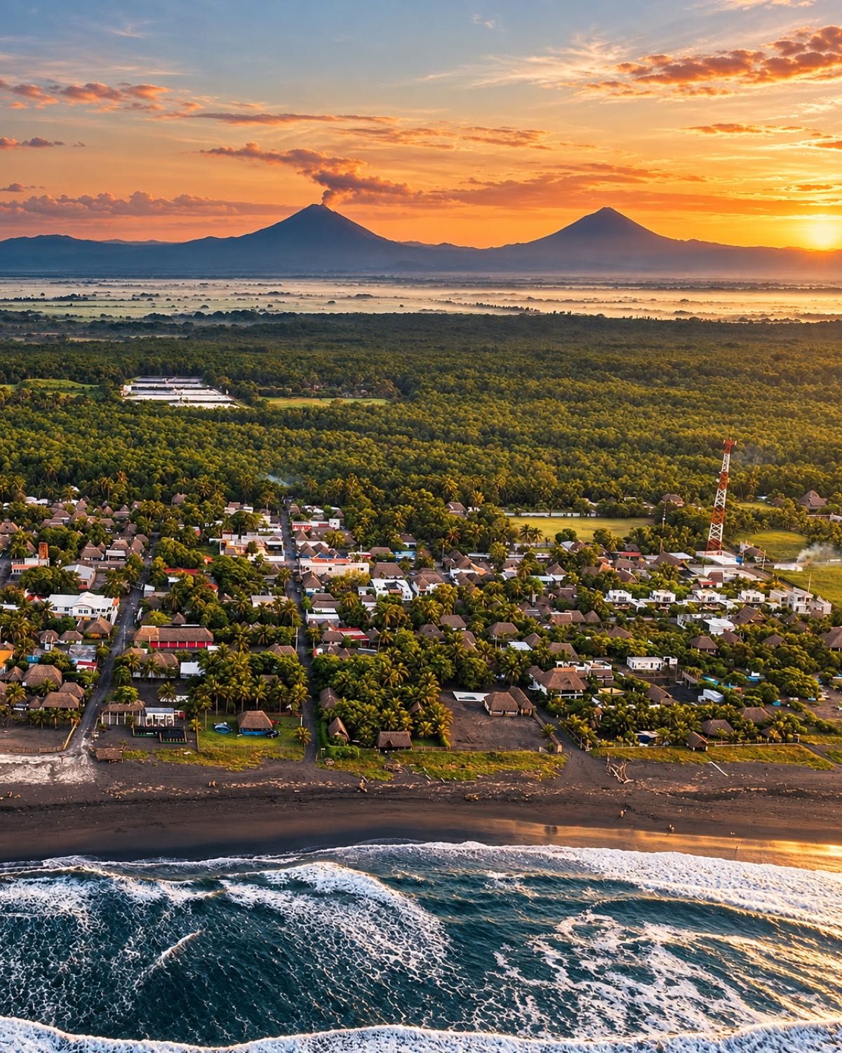 Black sand, Pacific swell and the volcanoes beyond, from the air