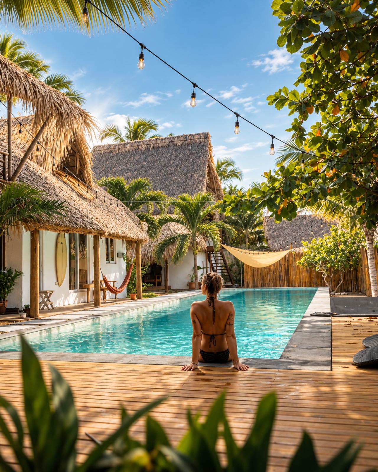 A poolside deck in El Paredon: thatched roofs, palms and string lights above a long turquoise pool