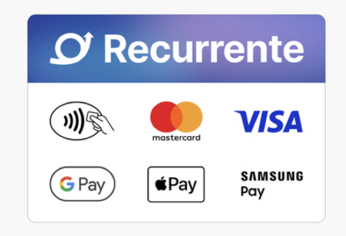 Payment methods accepted by Recurrente: contactless, Mastercard, Visa, Google Pay, Apple Pay and Samsung Pay